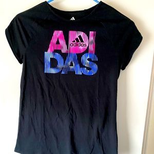 Adidas girls t shirt size L 12/14. Black with pink and purple lettering